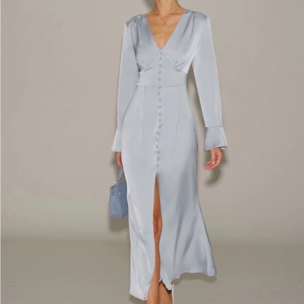 Rihoas Blue V Neck Cowl Sleeve Satin Midi Dress